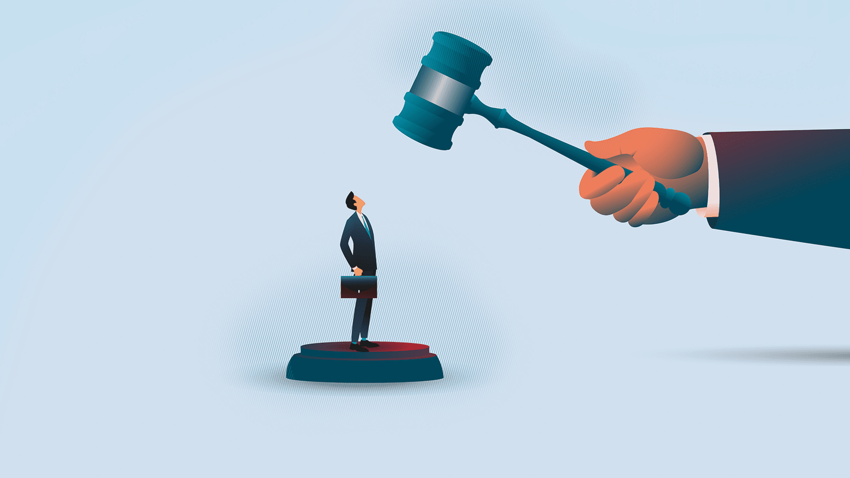 Illustration zu AML-Druck: Ein Richterhammer bedroht einen Banker – Symbol für strenge Compliance- und Meldefristen.