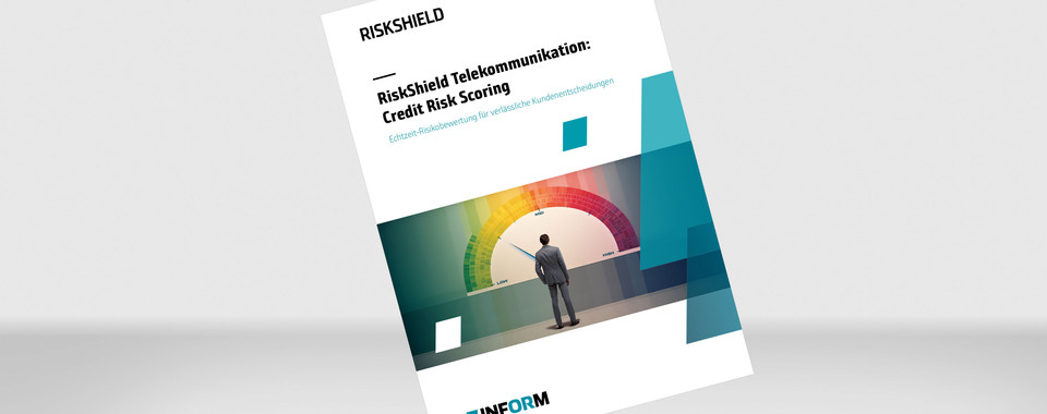 Mockup unserer Brochure "Telecom Use Case: Credit Risk Scoring" auf einem grauen Hintergrund