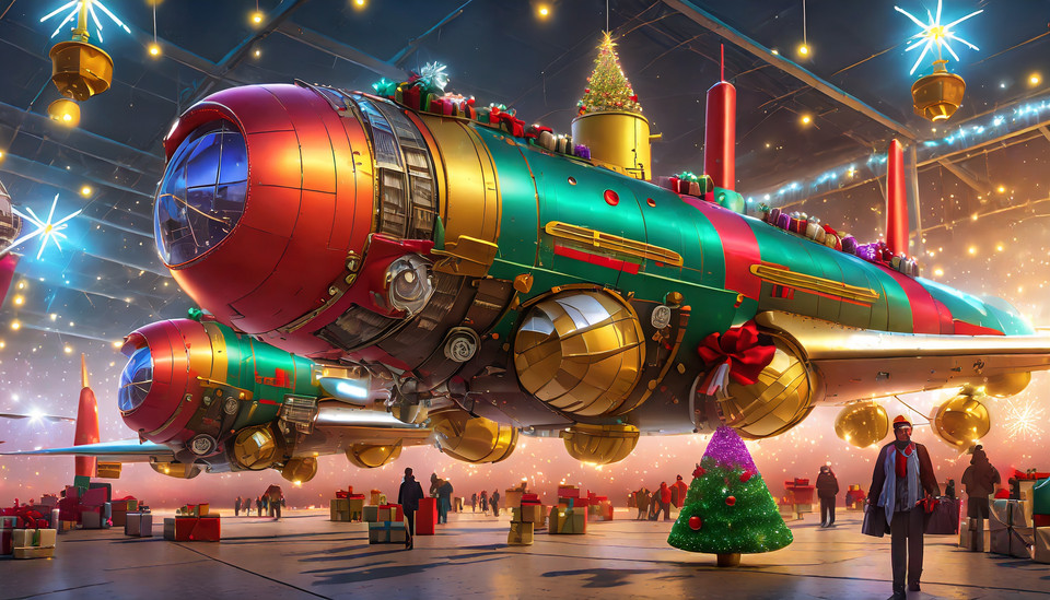 Colorful futuristic planes bring lots of colorful presents to a large Christmas airport 