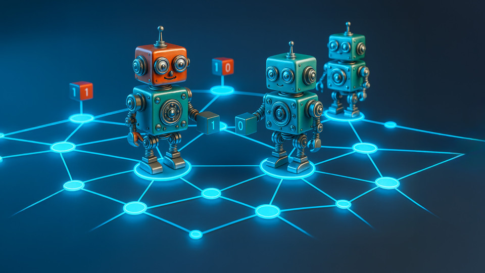 Bunte Roboter tauschen Daten in einem digitalen Netzwerk aus, dargestellt durch leuchtende Verbindungen und Zahlen.