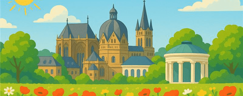 Eine mittels KI erstellte Illustration zeigt eine bunte Landschaft mit Blumen, dem Aachener Dom und Elisenbrunnen