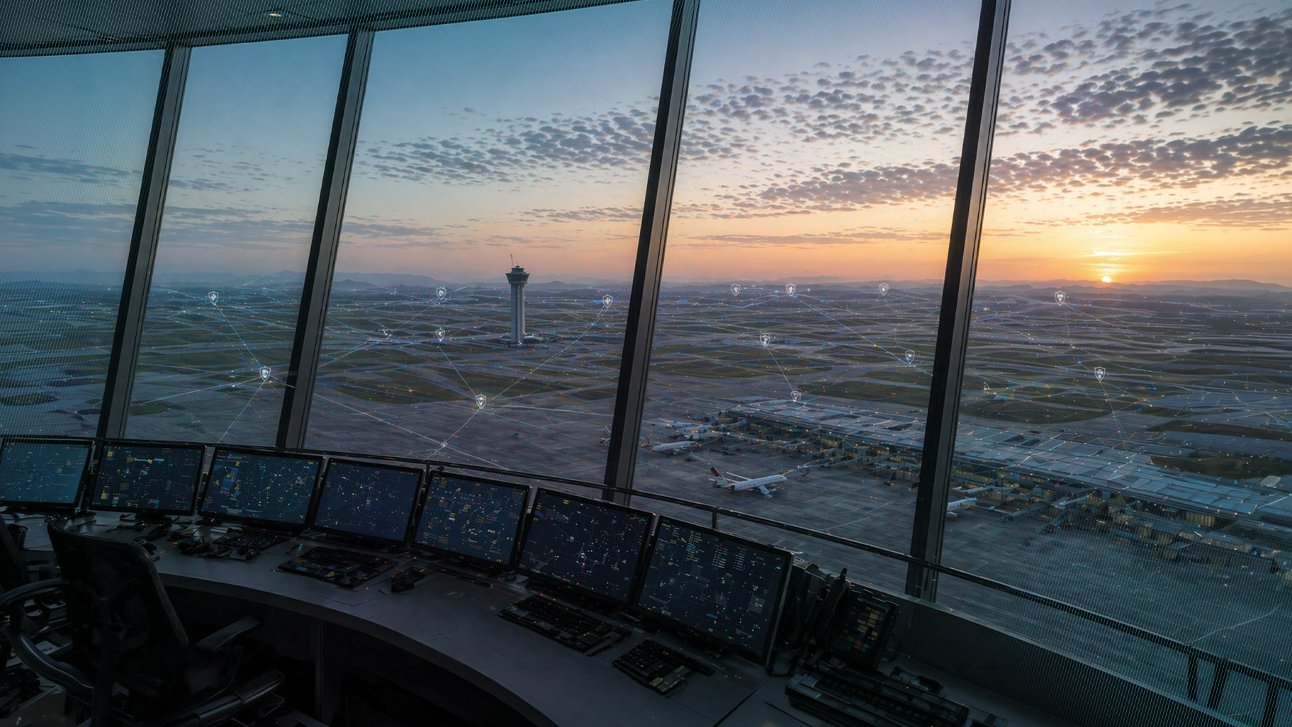 Airport control tower monitoring a connected digital network, representing real-time fraud detection and network intelligence