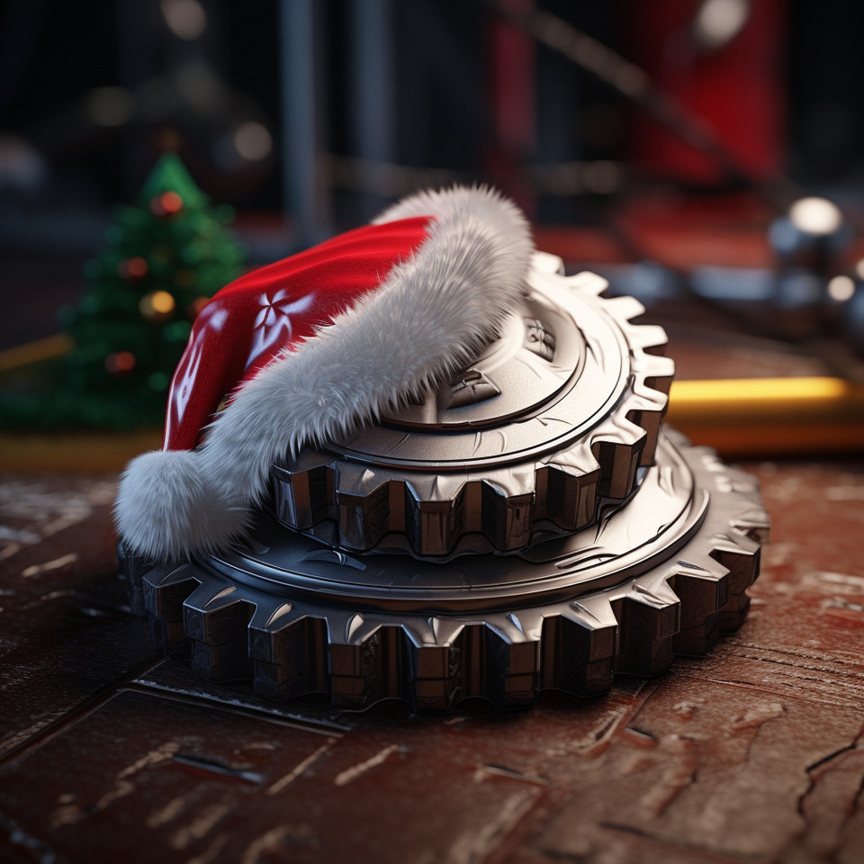 gear wheel with santa‘s hat photorealistic, cinematic
