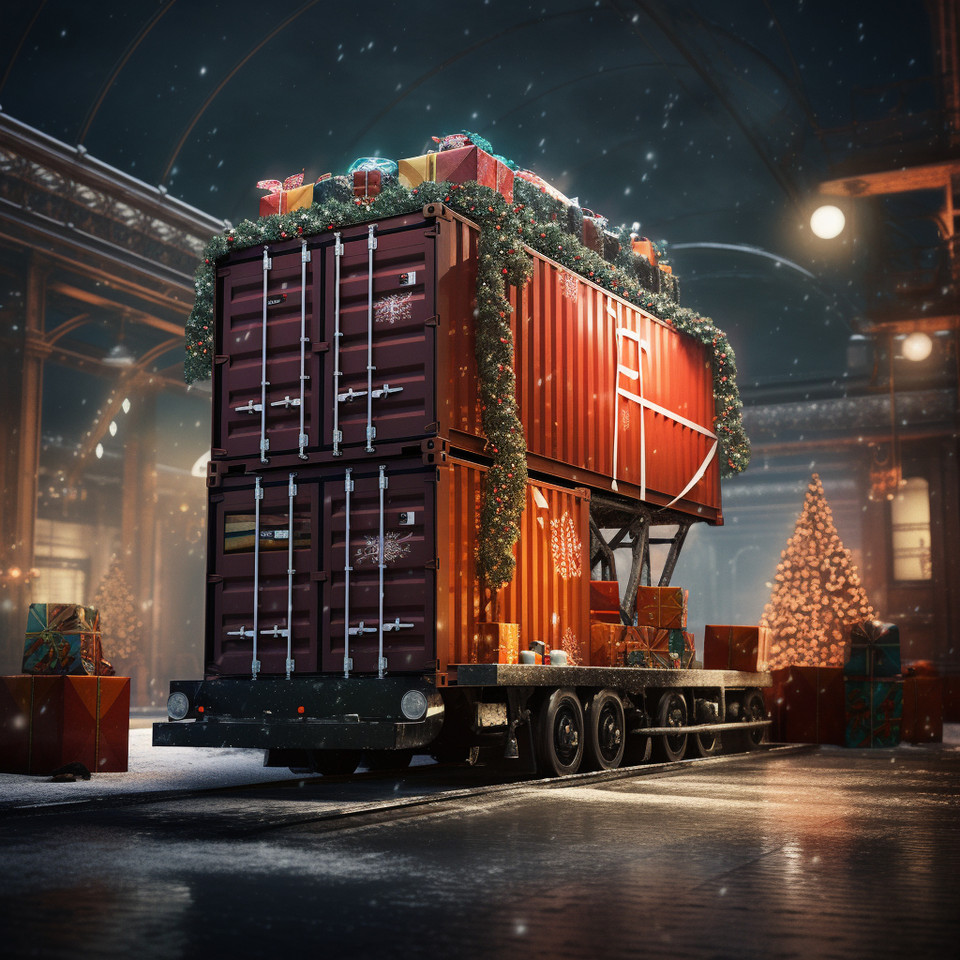 photo of a larger wrapped container and a straddle carrier with christmas decoration