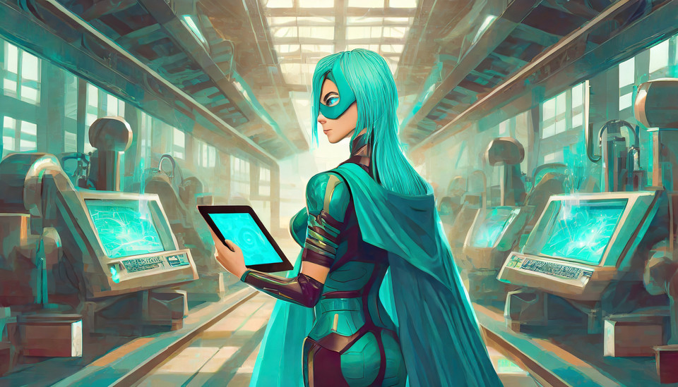 turquoise superhero and superheroine with turquoise hair and cape with ipad, from behind in a production hall with large machines
