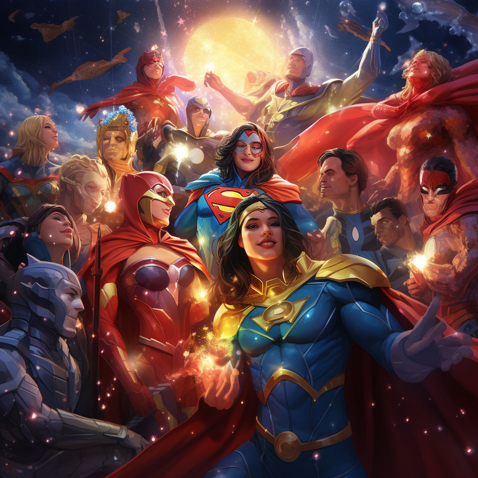 photo of a group of cheerful superheroes and superwomen with clearer faces, colorful suits and capes floating in space. The group is connected by a golden christmas-chain and is holding on to it. Below them is a bird‘s eye view of the earth at night with many points of light