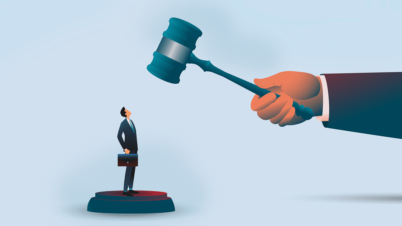 AML pressure illustrated: A large gavel over a banker symbolizes strict compliance rules and urgent reporting deadlines.