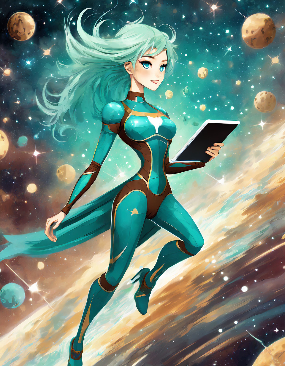 turquoise superheroine consisting of ones and zeros with turquoise hair, with ipad, flies in the space