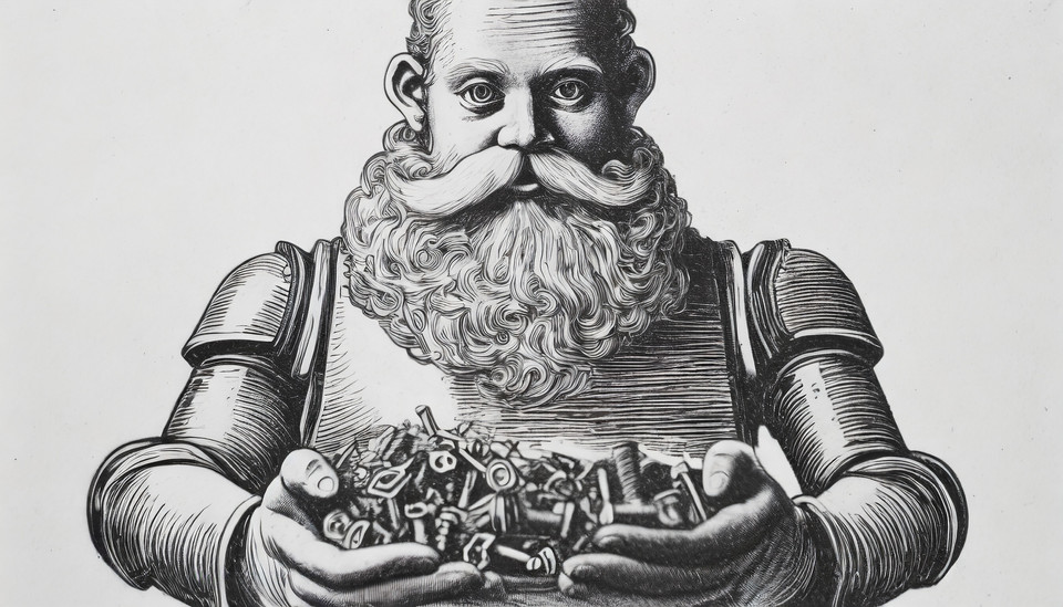 Robot Santa Claus with beard built from screws, nuts and other tools, who hands out 