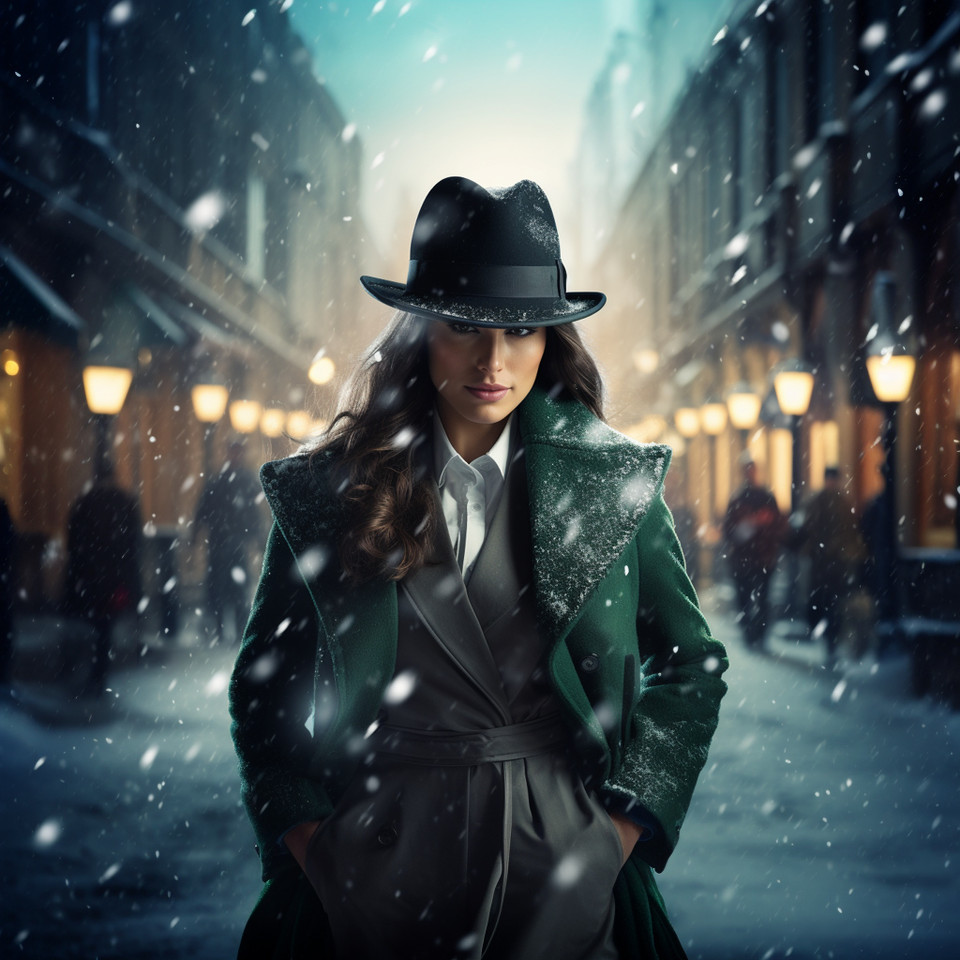 Katrin S. Fraud Fighter Detective with turqouise Trenchcoat and green bowler hat standing in softly falling snow with christmas decoration and modern skyline