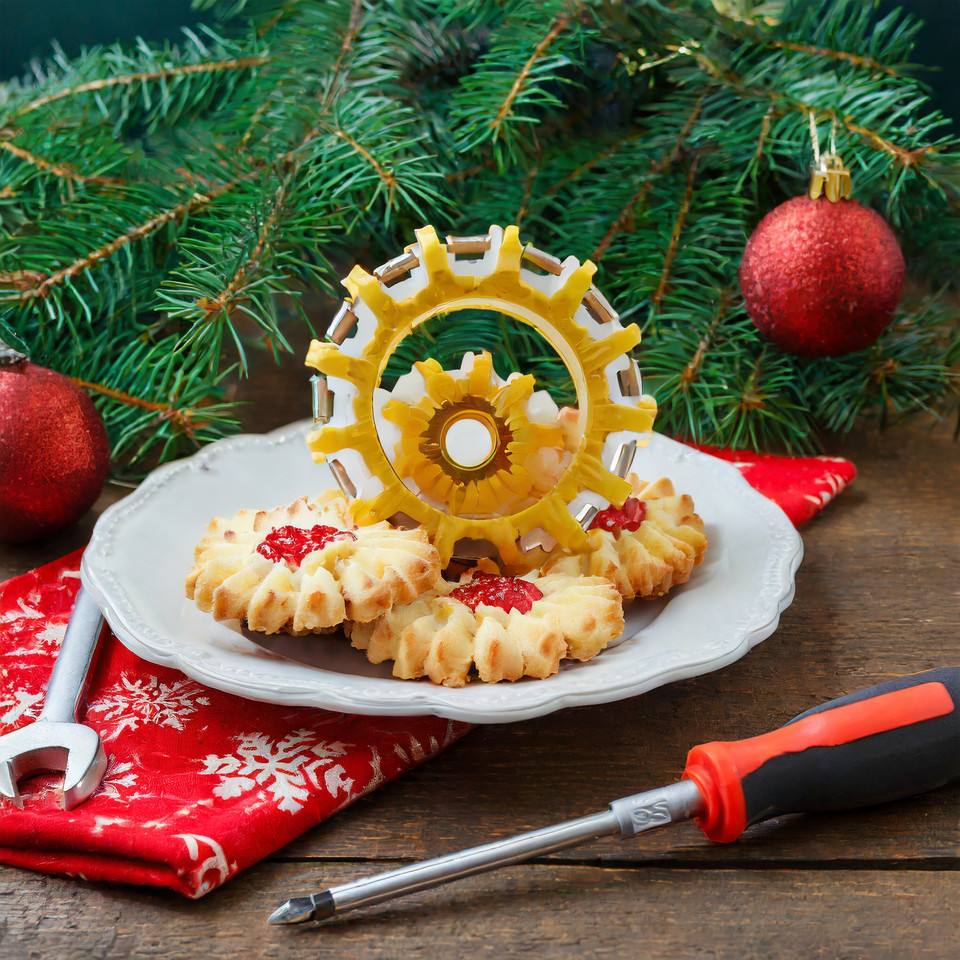 Gearwheel cookies on Christmas plate with screwdriver next to the plate