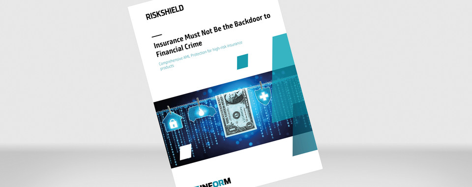Brochure on grey background: RiskShield for AML Compliance in the Insurance Industry