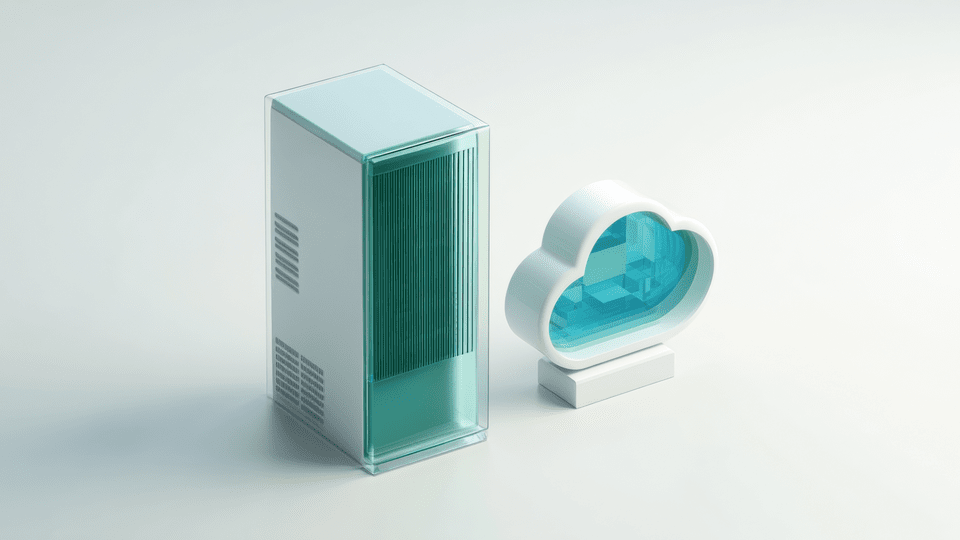 Modern computer server alongside a stylish cloud storage icon in teal and white, representing digital technology.