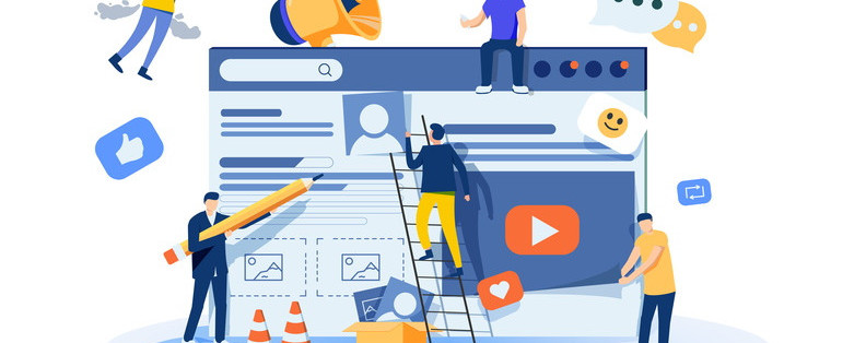 Eine Vektor-Illustration, die Personen zeigt, die an einem Social-Media-Profil arbeiten
