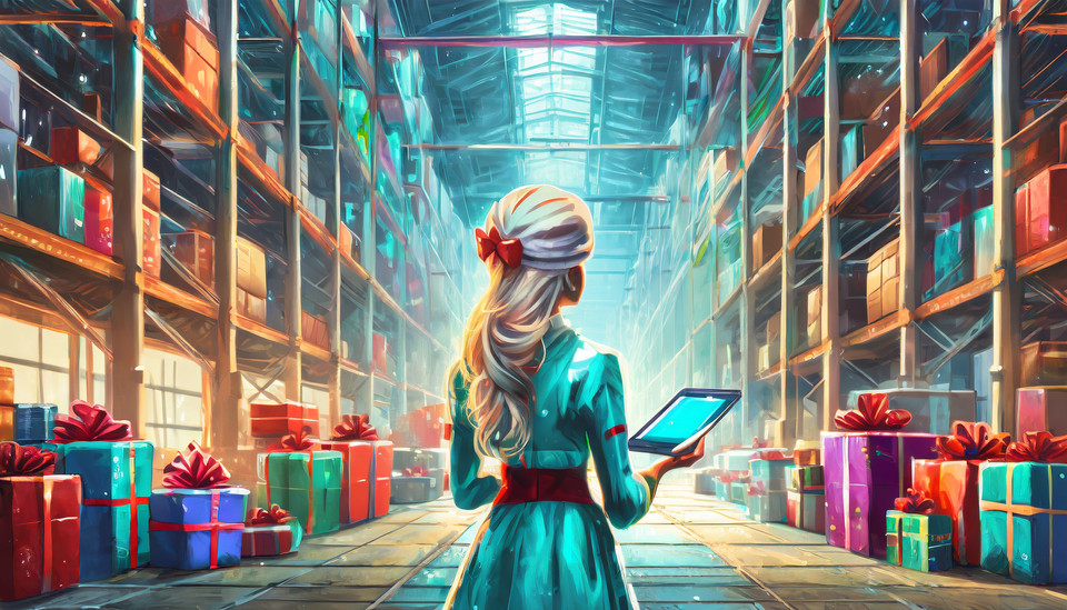 Firefly Large futuristic high-bay warehouse with lots of colorful gifts, turquoise Santa Claus from bgind with ipad