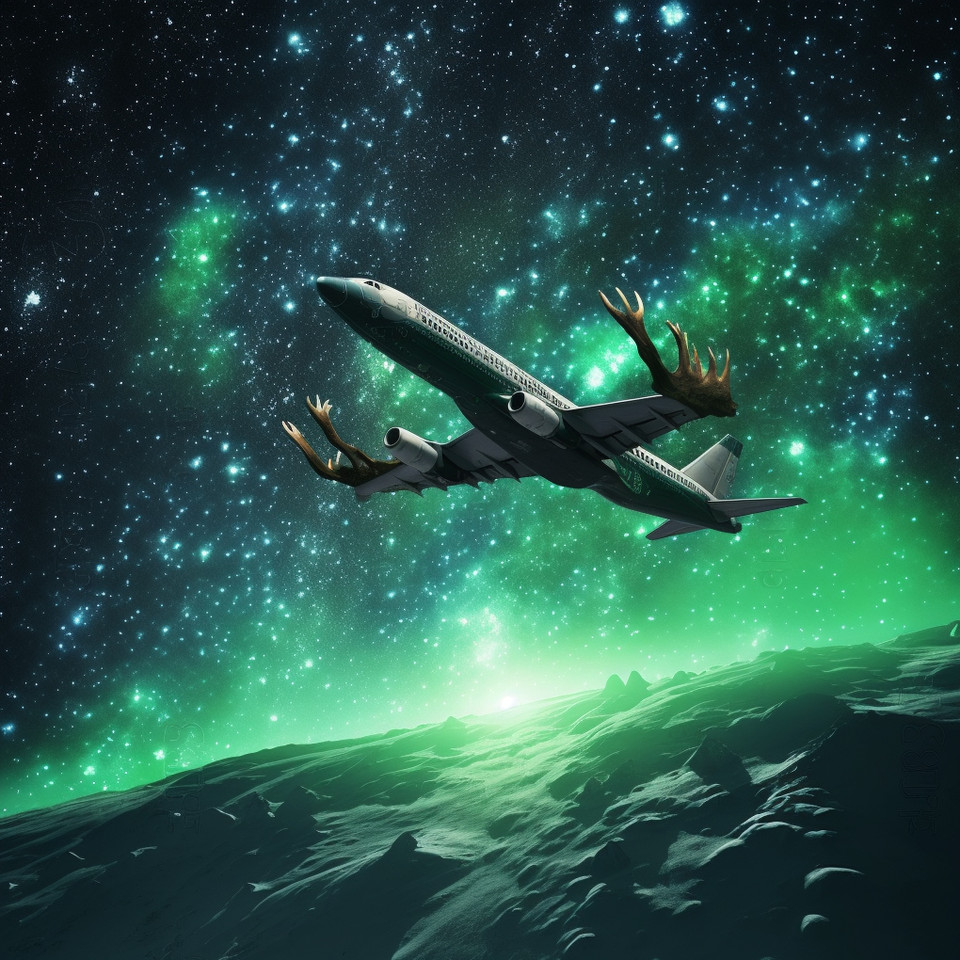 Airplane and reindeer as photo in starry sky with bright green asteroid tail in energetic composition