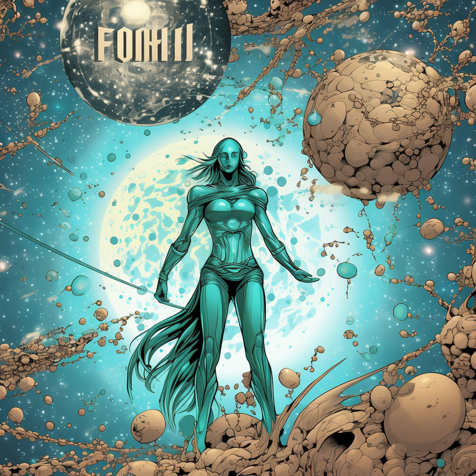 the word INFORM with turquoise leather allover, flying in the universe, with asteroids, #comic