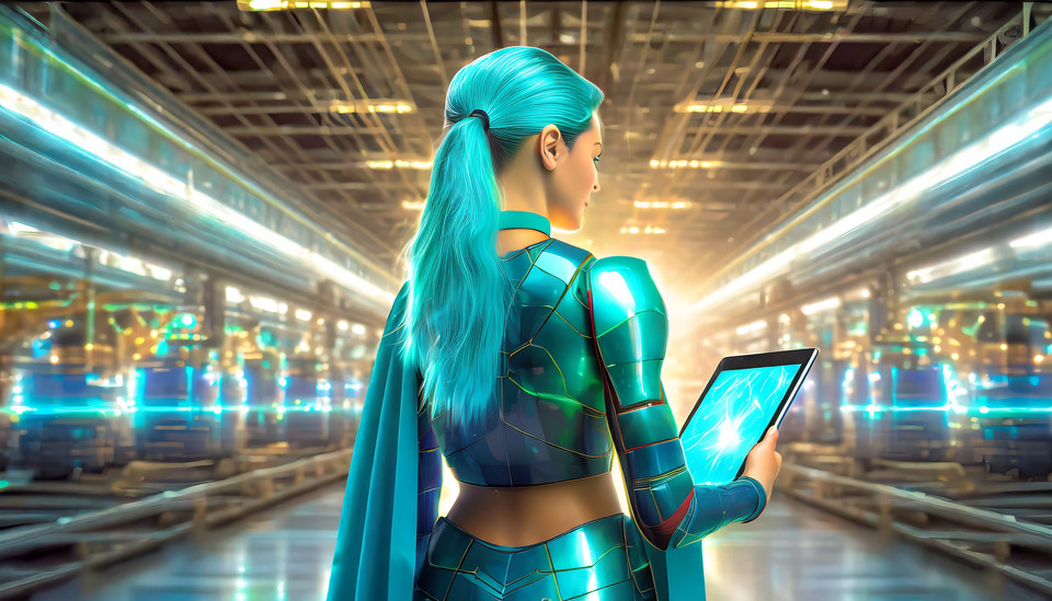 turquoise superhero and superheroine with turquoise hair and cape with ipad, from behind in a large warehouse