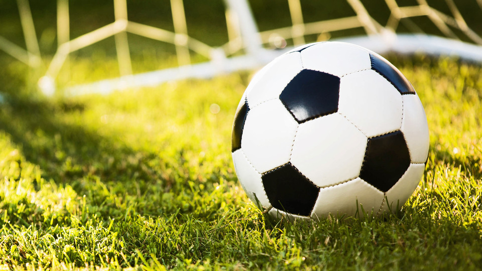 Close-up of a black and white soccer ball resting on vibrant green grass near a soccer net in the background.