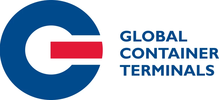 Global Container Terminals logo featuring a blue circle and bold text, symbolizing international shipping and logistics.