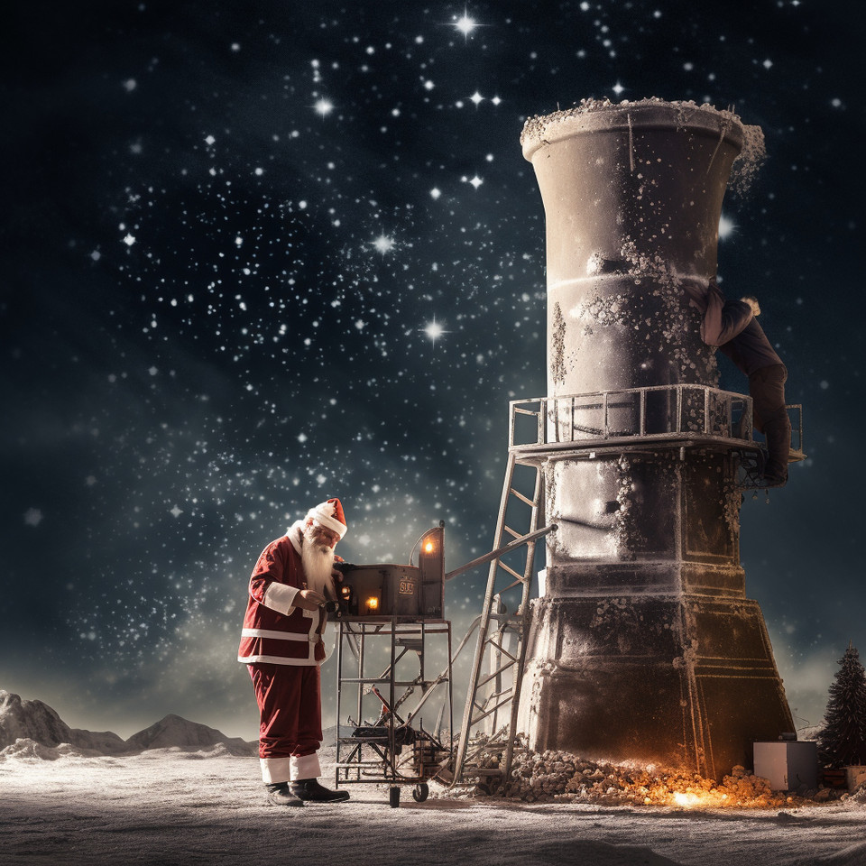 a photo of santa claus building a chimney, next to it is a concrete mixer, night, starry sky