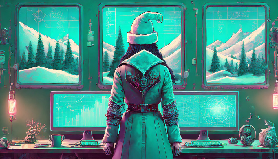 Santa Claus with white hair and coat and cap in the color turquoise from behind in front of monitors with data and windows with snowy landscape