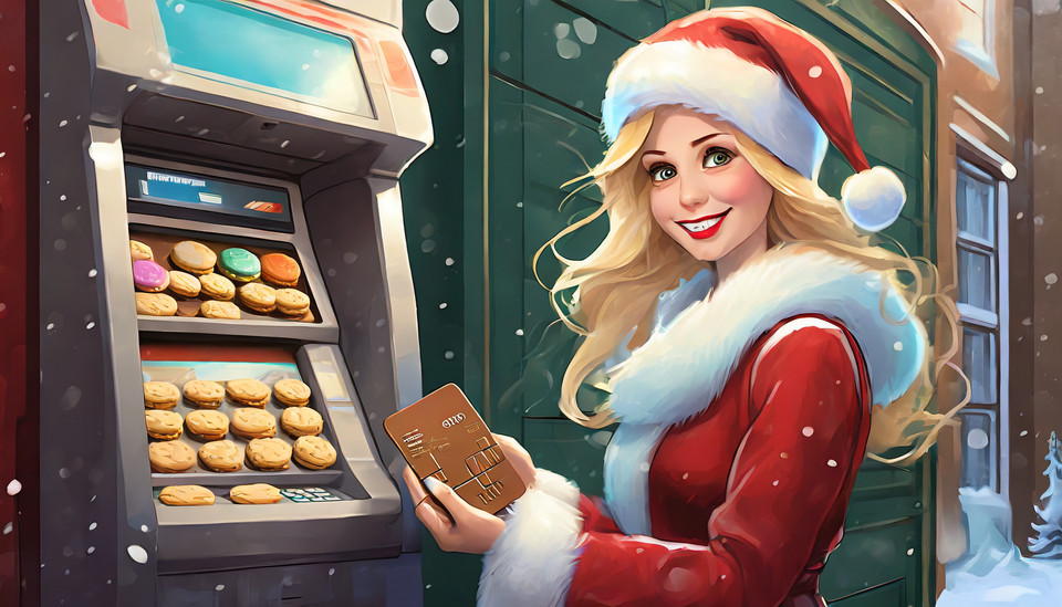 Santa withdraws colorful cookies with a chocolate credit card in the form of money from a chocolate vending machine