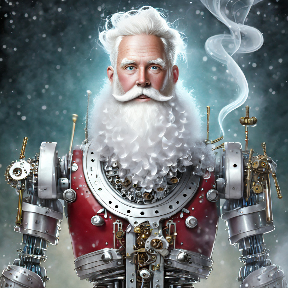 Robot Santa Claus with beard made of white smoke built from screws, nuts and other tools.