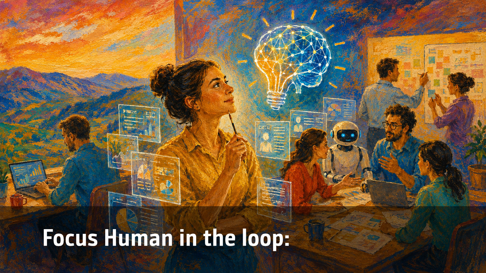 Creative team brainstorming ideas with technology and data analytics in a vibrant office setting at sunset.