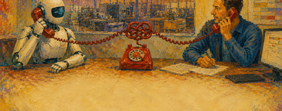 Robot and human engaged in a phone conversation with a tangled line, exploring communication barriers in a modern workspace.