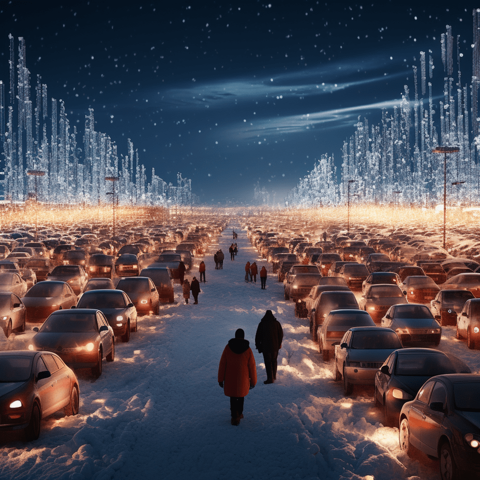 Thousands of cars at a port at christmas. Photorealistic