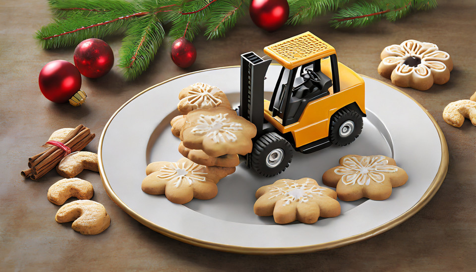 A forklift truck made of cookies. On a Christmas plate. 