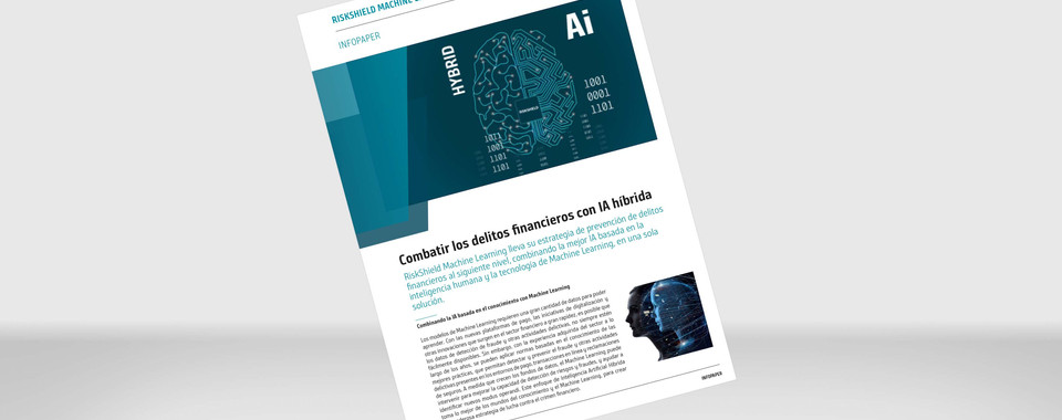 Maqueta de nuestro documento informativo "Combatir los delitos financieros con IA híbrida" sobre fondo gris