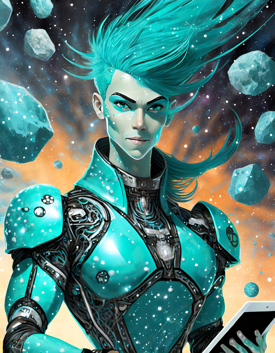 turquoise superheroine consisting of ones and zeros with turquoise hair, with ipad, flies through space