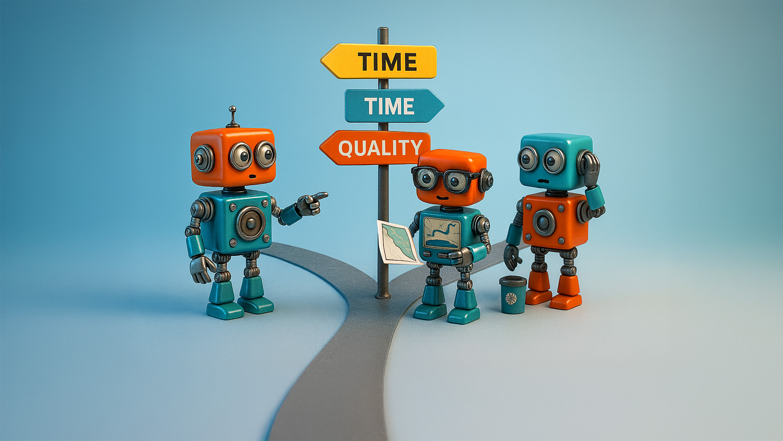 Three colorful robots discuss choices at a crossroads signpost labeled Time and Quality in a playful setting.