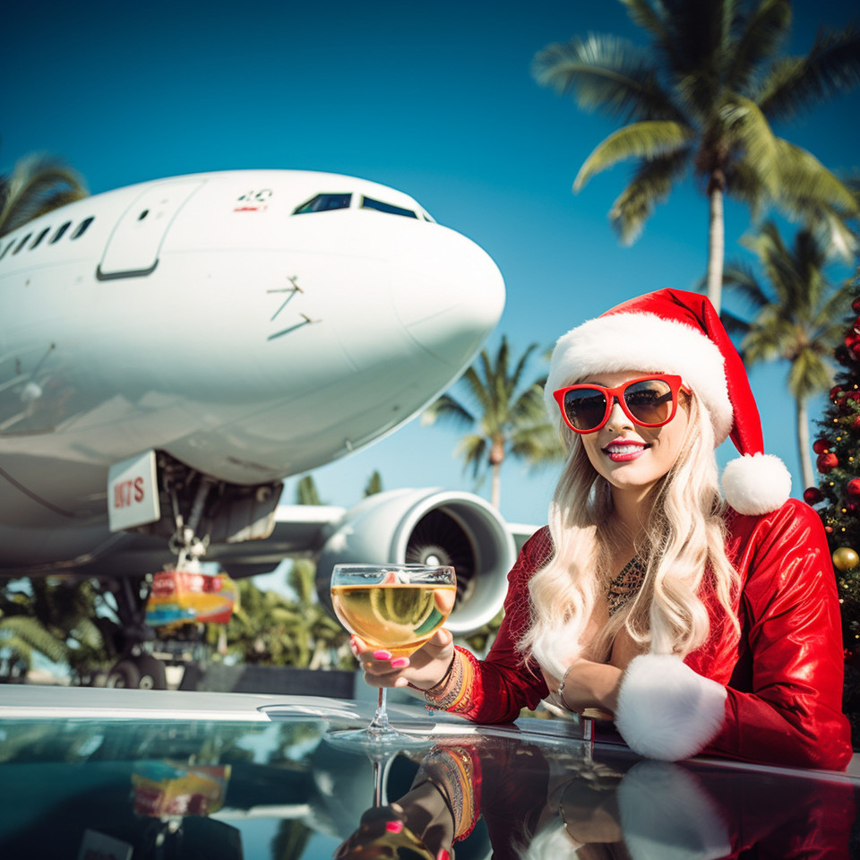 photo of miss santa claus with sunglasses and cocktaildrink infront of a palmtree and pool on a tropic island, a modern airplane flying over her