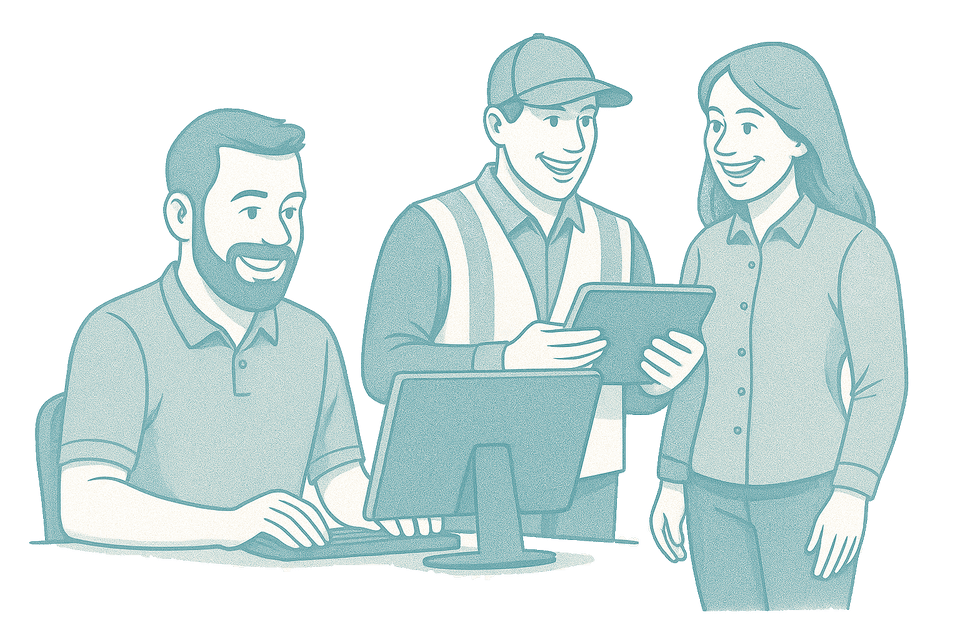 Yard team collaboration in a workplace with a computer and tablet, featuring an office setting and professional attire.