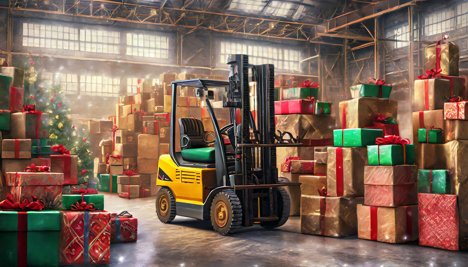 Moving forklift trucks in a Christmas warehouse with lots of colorful presents