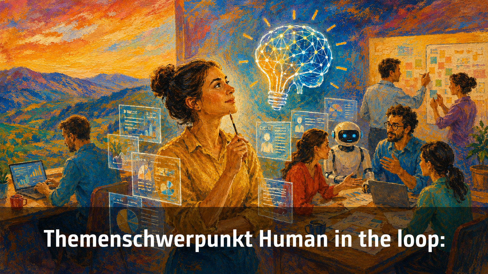 Kreatives Teammeeting mit KI-Roboter, Datenanalysen und inspirierender Atmosphäre in der Natur.