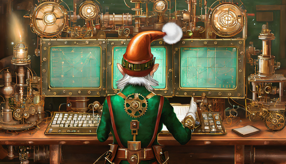 Christmas elves, all from behind planning their working hours on an steampunk computer