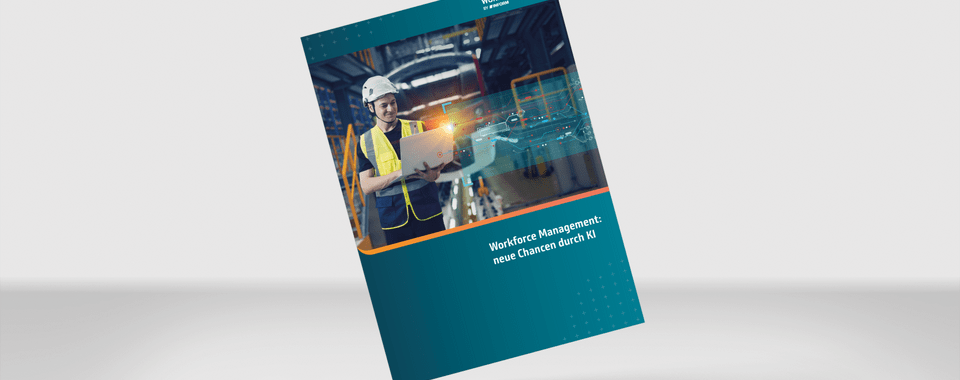 Cover des Dokuments "Workforce Management: neue Chancen durch KI" in industrieller Umgebung mit digitaler Technologie.
