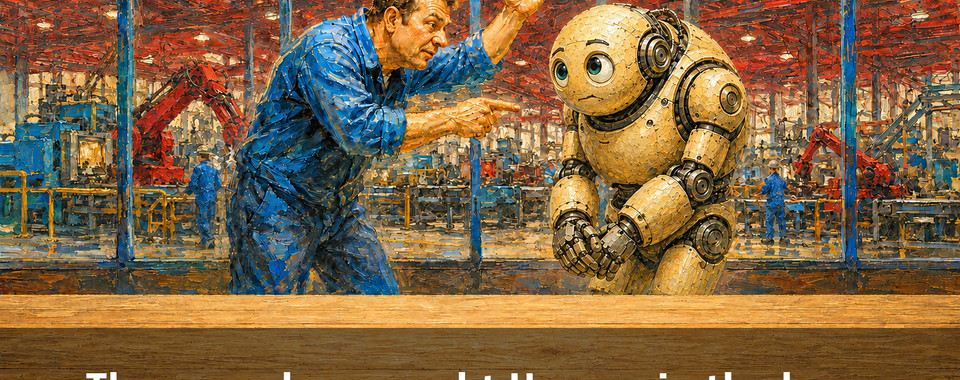 Ein Mensch erklärt einem Roboter in einer Fabrikhalle mit Maschinen im Hintergrund.