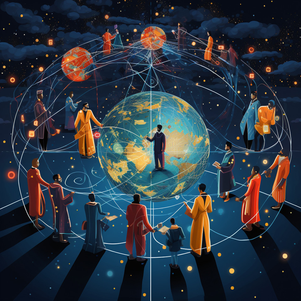 photo of a group of cheerful superheroes and superwomen with clearer faces, colorful suits and capes floating in space. The group is connected by a golden christmas-chain and is holding on to it. Below them is a bird‘s eye view of the earth at night with many points of light