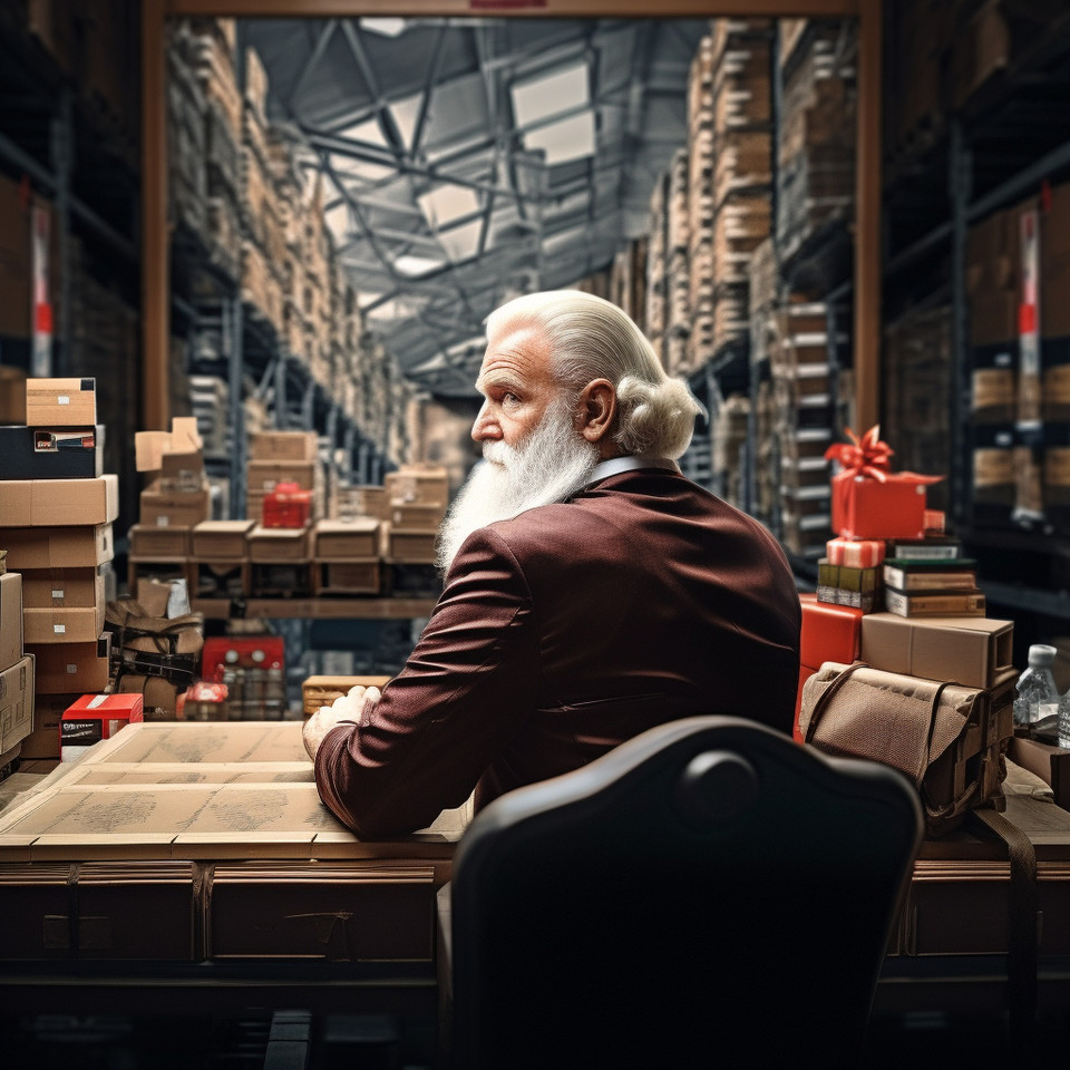 photo of modern santa claus sits at a desk with his back to the camera, in front of him a world map showing him where he has to deliver the presents for the children at christmas. He is a supply manager,
