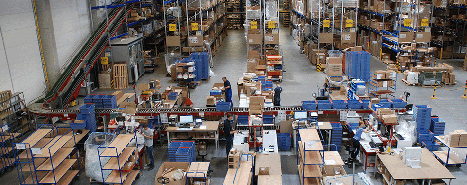 Busy warehouse interior with shelves, packing stations, and employees efficiently managing inventory and orders.