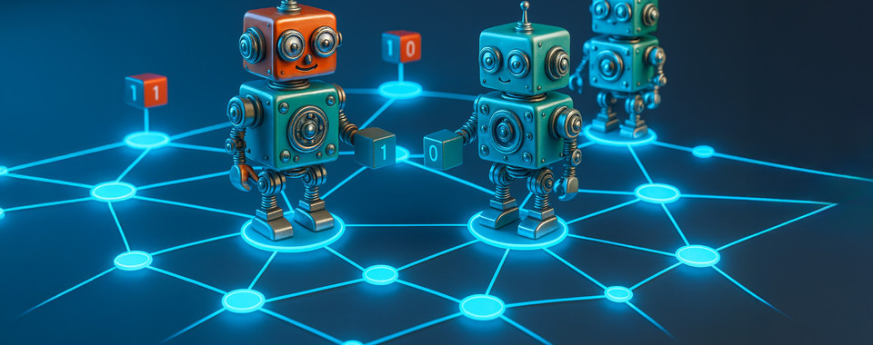 Bunte Roboter tauschen Daten in einem digitalen Netzwerk aus, dargestellt durch leuchtende Verbindungen und Zahlen.