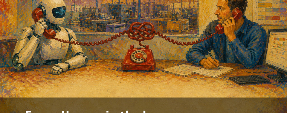 A robot and a man are talking on the phone in a modern office, symbolizing communication and technology.