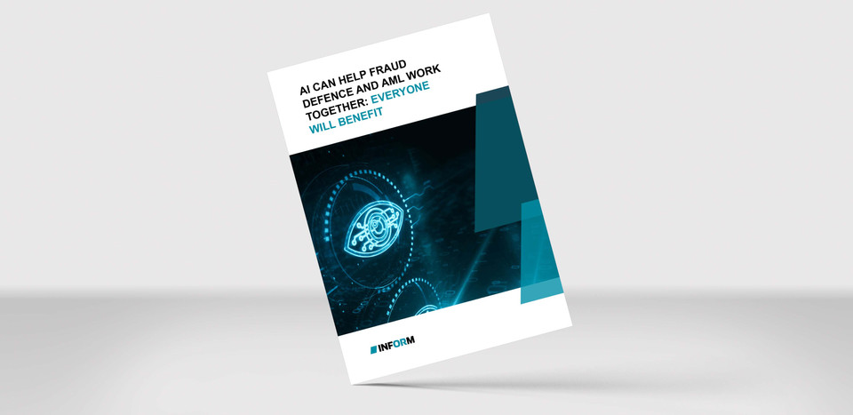 Mockup of our white paper "AI can help Fraud Defence and AML Work together" on a grey background