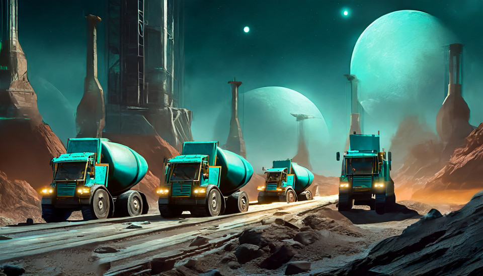Futuristic construction site with many turquoise-colored construction vehicles, such as concrete mixers