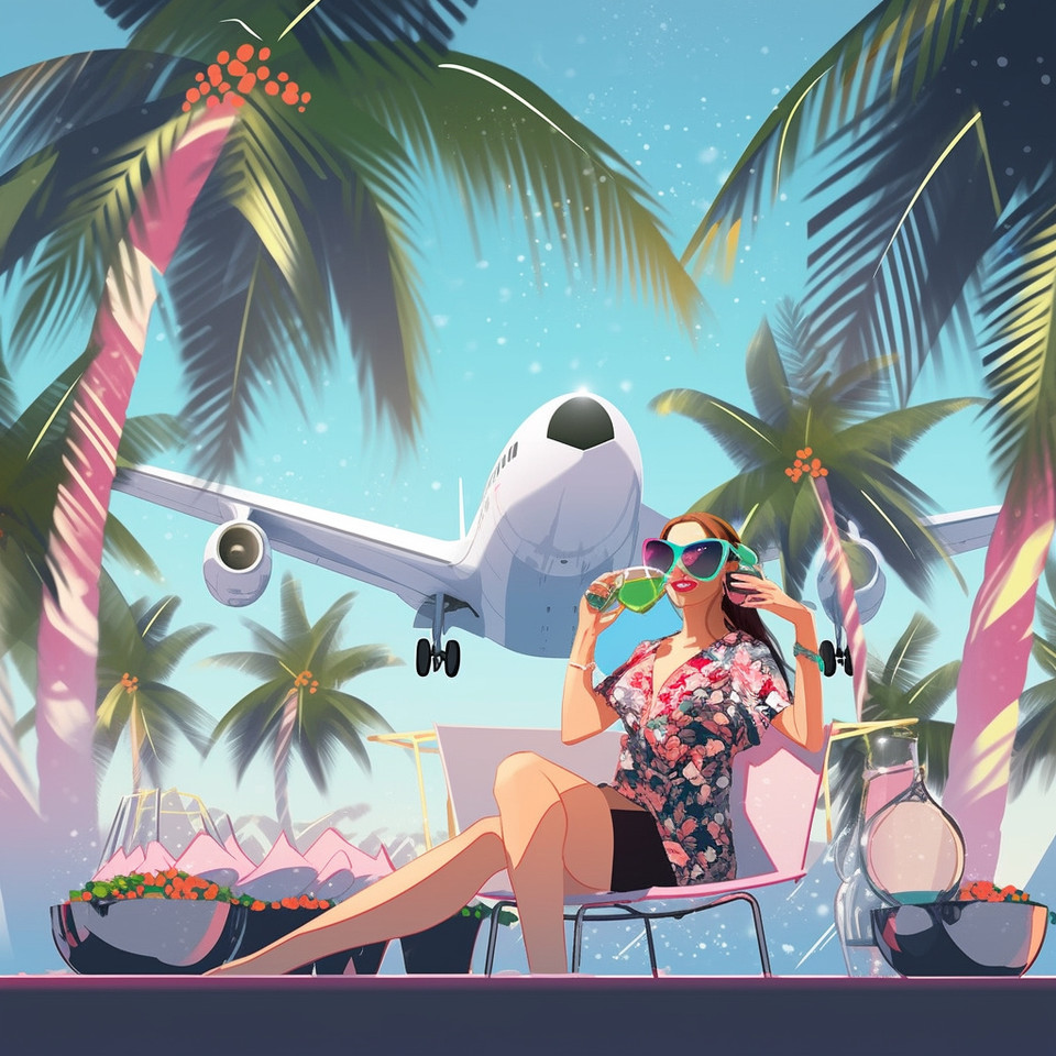 photo of miss santa claus with sunglasses and cocktaildrink infront of a palmtree and pool on a tropic island, a modern airplane flying over her --no red --niji